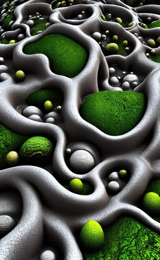 Image similar to highly detailed ultra sharp 3 d render cinematic composition of a smooth ceramic porcelain biomorphic magnolia stone nebula fluid fractal sci - fi surreal architecture landscape, granite, metallic, magnesium, marble, moss and lichen, vincent callebaut composition, mamou - mani, archviz, beautiful lighting, 8 k, unreal engine, hdr,