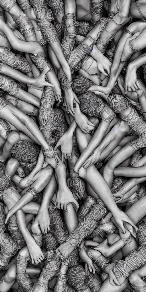 Prompt: closeup of beautiful human bodies intertwined, greebles, highly detailed, hyperrealism