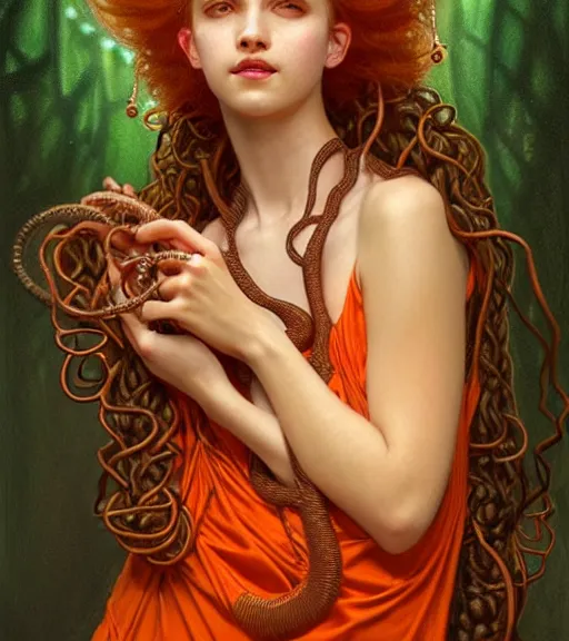 Image similar to portrait of teenage medusa, snake hair, naughty smile, wearing an embroidered orange tunic, intricate, sensual, sultry, elegant, copper and emerald jewelry, glowing lights, seductive, highly detailed, digital painting, artstation, concept art, smooth, sharp focus, illustration, art by wlop, mucha, artgerm, and greg rutkowski