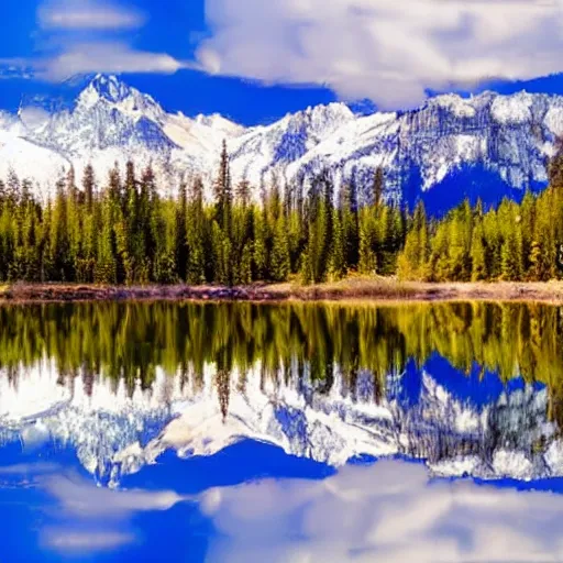 Image similar to a lovely forest, on an island in the middle of a magnificent lake with a mirror reflection of the forest, snow capped mountains in the backdrop, wide angle, high definition.