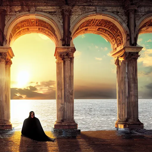 Image similar to A woman wrapped in billowing veils, ankle-deep in water under an archway with two gilded Roman columns made of human bones, sunset, super photo-realistic, detailed, 4k