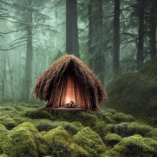 Prompt: A forest full of trees and moss, the scene contains a singular hut with a strange figure standing nearby, Photography, dark, intricate cube, Bleda, Elsa