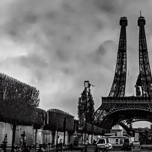 Image similar to the eiffel tower after the zombie apocalypse, dead zombies, black and white, 8k, high resolution, hyperrealistic