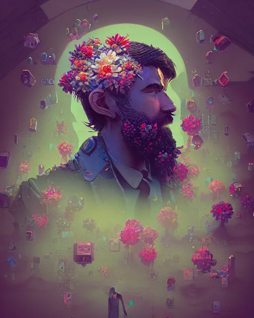 Prompt: a realistic ultradetailed digital painting of a man with flowers in his beard, profile, cyberpunk art by beeple, behance contest winner, retrofuturism, voxel art, # pixelart!!