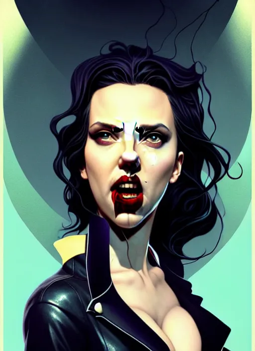 Image similar to rafael albuquerque comic art, art nouveau, peter mohrbacher, artgerm, pretty scarlett johansson vampire sharp vampire teeth open mouth, symmetrical eyes, black leather jacket, jeans, long blonde hair, full body