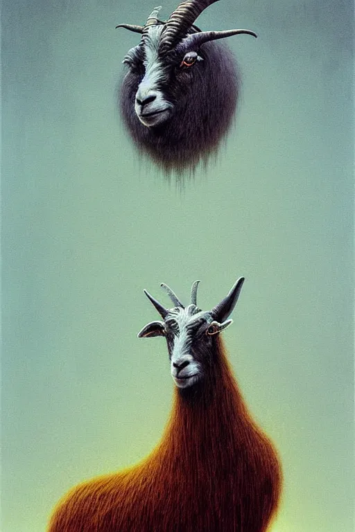 Image similar to painting of hybrid between andy milonakis and a goat, intercrossed animal, mixture animal, by zdzislaw beksinski, by tiffany bozic, cold hue's, warm tone gradient background, concept art, beautiful composition, digital painting