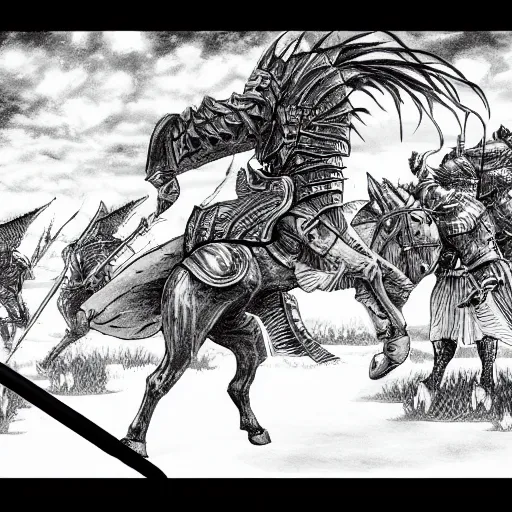 Image similar to duel of knights in the style of kentaro miura, 4 k, 8 k, absolute detailing of even the smallest details and particles, beautiful shadows, beautiful art, black and white drawing