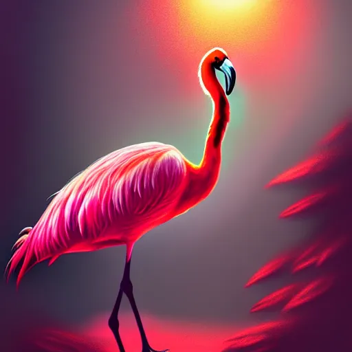 Image similar to developing into a feathered flamingo, covered in feathers, wings, flight, surreal, fantasy, intricate, surgeon, doctor, operation theater, elegant, dramatic lighting, emotional, symbolic metaphor, highly detailed, lifelike, photorealistic, digital painting, artstation, concept art, sharp focus, illustration