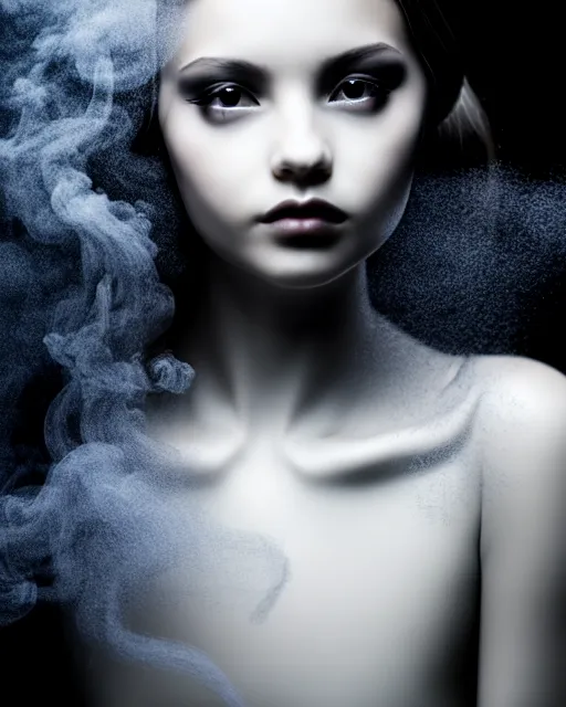 Image similar to black and white dreamy smoky young beautiful female artificial intelligence, long hair are made of smoke, cinematic, rim light, bokeh, photo - realistic, elegant, high detail, 8 k, masterpiece, photo taken in 1 9 3 0