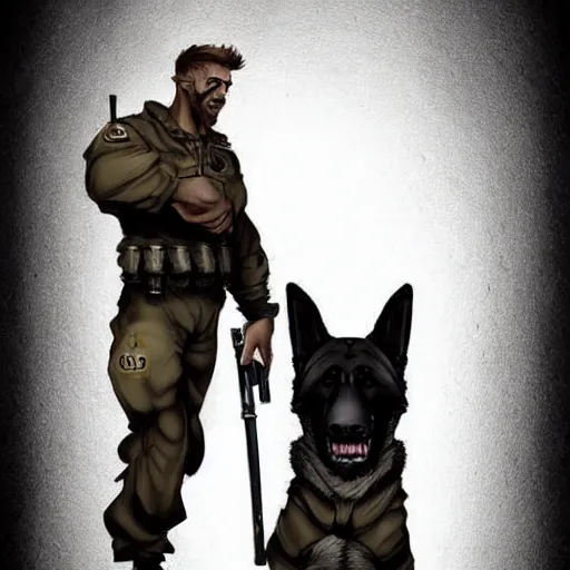 Image similar to two humanoid german shepherds beast - men in military style, they holding a beer, artstation, concept art, smooth, sharp foccus ilustration, artstation