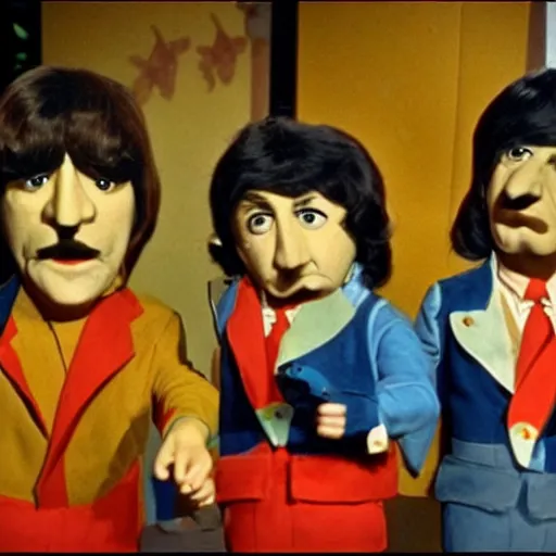 Image similar to stills from puppets movie by gerry anderson about the beatles, that band, vintage film, 1 9 6 0 s