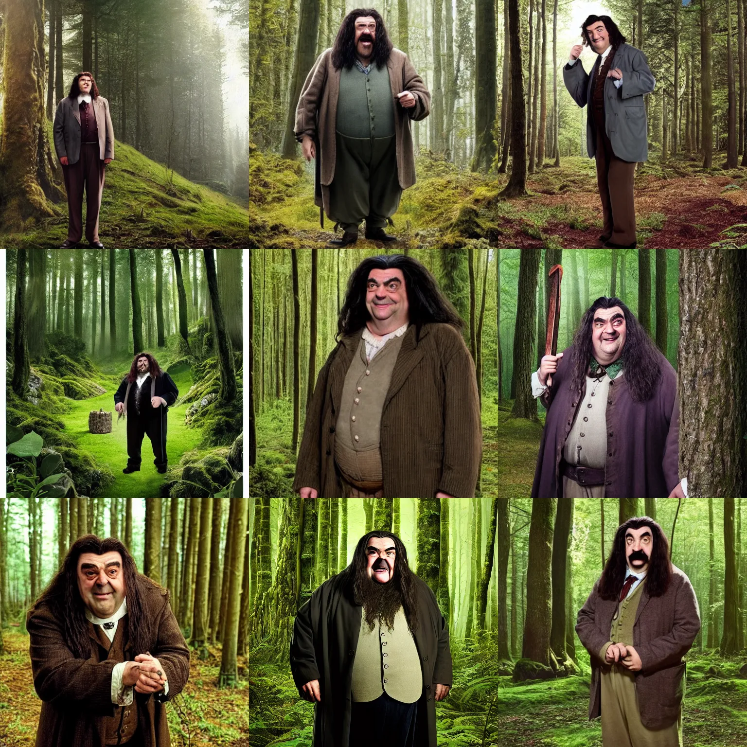 Prompt: mr bean as hagrid, standing in a forest beside a tiny cabin