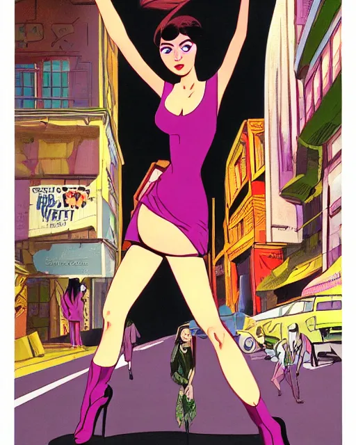 Image similar to portrait of an attractive young female protagonist, center focus, in city street, detailed artwork by ralph bakshi