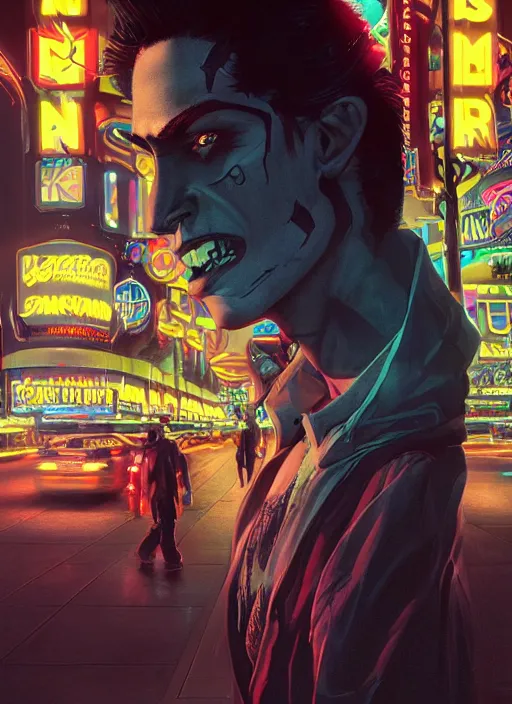 Image similar to 35mm kodak portra portrait of a shadowrun vampire on the Las Vegas strip at night by tomer hanuka and tom bagshaw, handsome face, hyper realism, high detail, octane render, 8k, trending on artstation, CGsociety, concept art