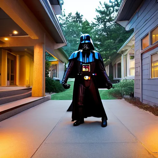 Prompt: darth vader is walking up the front walk of a chicago bungalow at night, menacing.