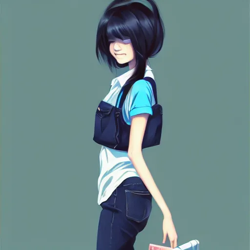 Image similar to urban school girl in shirt fanart, dark blue long hair, muted colors, matte print, pastel colors, ornate, digital art, cute smile, digital painting, fan art, elegant, pixiv, by Ilya Kuvshinov, by Studio Ghibli