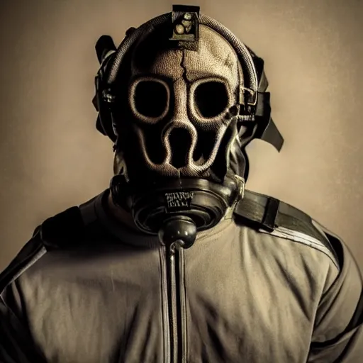 Image similar to a hyper realistic photoshoot of a gas mask with a human skull wearing the mask