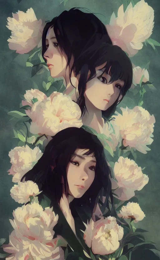 Image similar to bestselling movie poster, official media,a cinematic beautiful closeup moment of saying goodbye with peonies, simple form, brutal shapes, shaman, pixiv, 1970s fashion, official anime media, cinematic lighting, artwork by doja cat, charlie bowater, waterhouse, ,greg rutkowski, wong kar wai