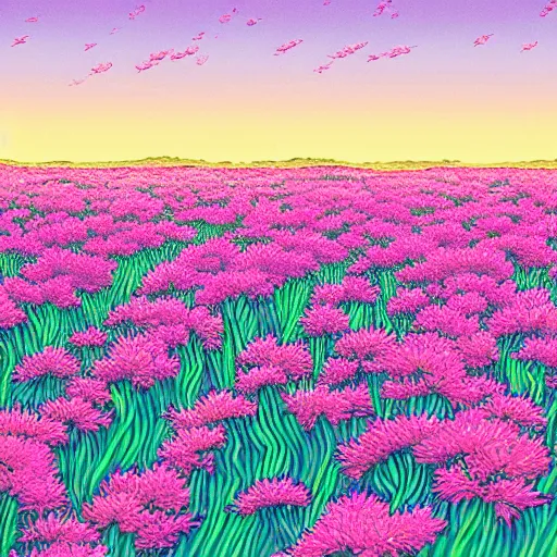 Image similar to a beautiful painting of a field of flowers atop a plateau overlooking a large beach by hiroshi nagai and hirohiko araki, detailed line art, vaporwave color scheme