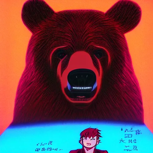 Prompt: fluorescent fluorescent lamp handsome anime bear, isabel emrich, charlie a beutiful red - haired angle, earth tones, hoon by laurie detailed portrait, intricate reflected from the vga ega cga floor a cruel written letters