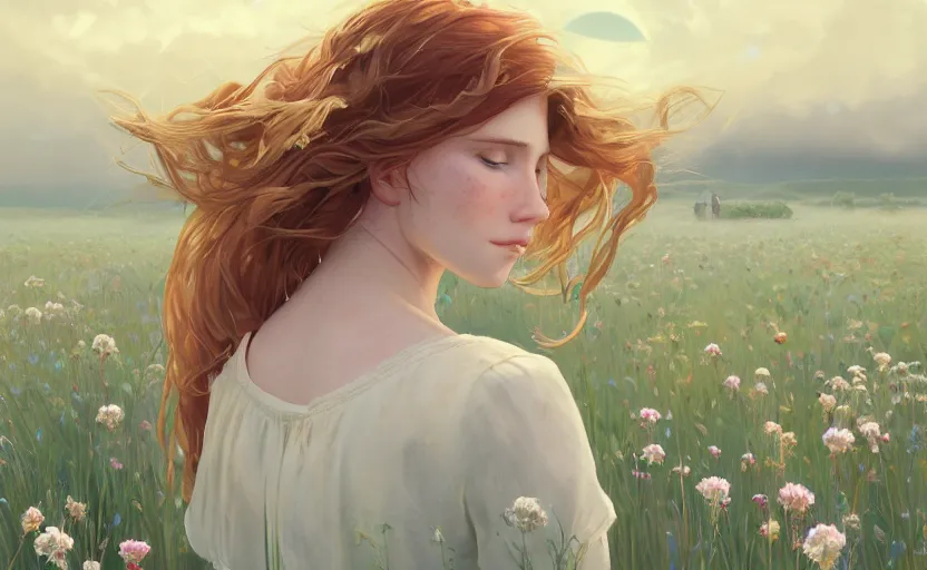 Prompt: a beautiful southern woman named Savannah Savage, innocent, sad cerulean eyes, freckles, long ginger hair tied with white ribbon, thoughtful in a field of flowers on a farm, gentle lighting, innocent mood, storm in the distance, somber, western clothing, dress,digital art by Makoto Shinkai ilya kuvshinov and Wojtek Fus, digital art, concept art,