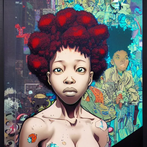 Image similar to afropunk portrait soft light painted by james jean and katsuhiro otomo and erik jones, inspired by akira anime, smooth face feature, intricate oil painting, high detail illustration, sharp high detail, manga and anime 1 9 9 9