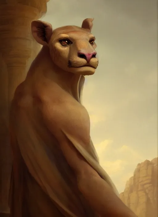 Image similar to a beautiful closeup shot from a fantasy film of a humanoid fossa wearing a loose tunic. an anthropomorphic fossa. portrait. joseph ducreux, greg rutkowski.