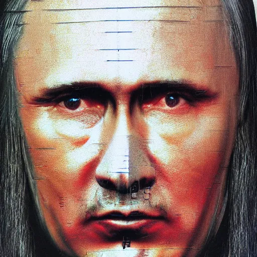 Image similar to stupid idiot degraded retard vlad putin photo - realistic, color image, hyper realistic, 2 k, highly detailed, occult art, by giger, fractal structure