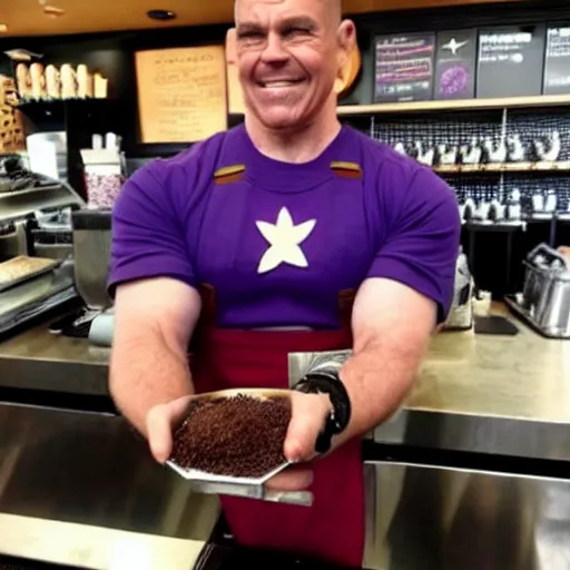 Prompt: thanos as a starbucks barista, serving iron man