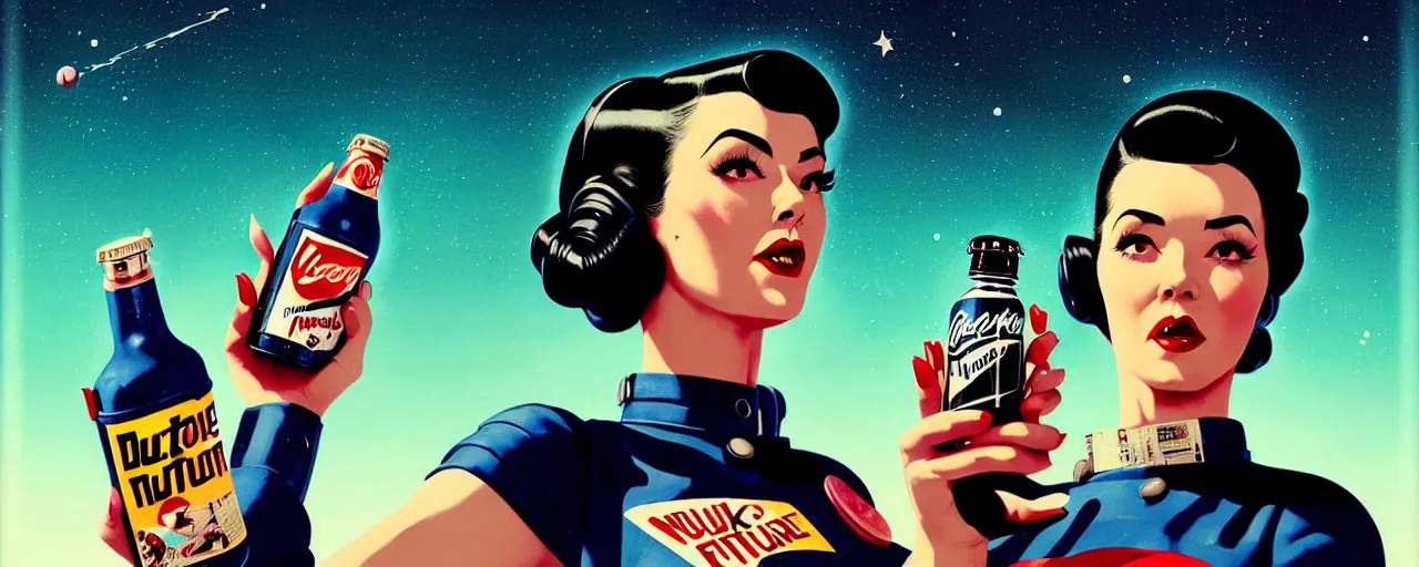 Prompt: duotone noir retrofutiristic concept illustration 3 / 4 portrait of vintage female fallout 4 model black haired in space suit advertising bottle of nuka cola. pinup style accidental renaissance. by sachin teng and sergey kolesov and ruan jia and heng z. graffiti art, scifi, fantasy, hyper detailed. octane render. trending on artstation