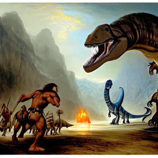 Image similar to A large dinosaur! fighting with several realistic detailed cavemen with proportioned bodies, next to the dinosaur are cavemen, the cavemen are armed with spears, the caveman are in a fighting stance, the cavemen are wearing animal furs, coarse canvas, visible brushstrokes, intricate, extremely detailed painting by William Turner (and by Greg Rutkowski)