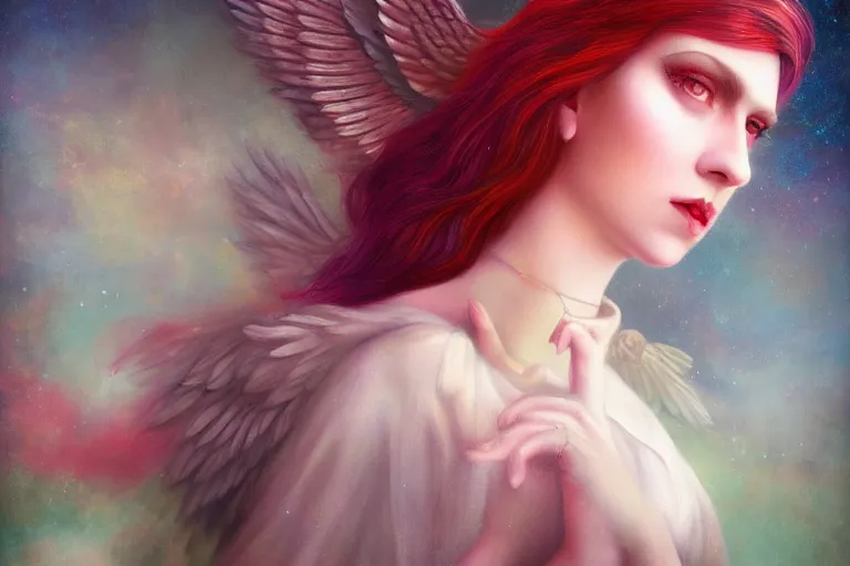 Image similar to pretty angel girl with wings photograph in the style of tom bagshaw, colorful, realistic, 8 k