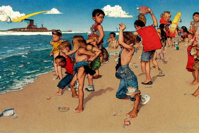 Prompt: children playing at the beach, huge atomic explosion in the background, wide angle shot, oil on canvas by norman rockwell, by mattias adolfsson, by moebius and satoshi kon, hd, 4 k, high quality,