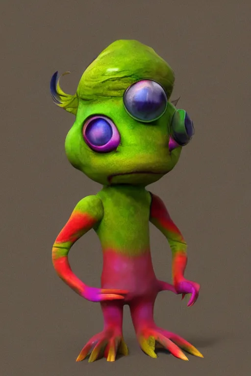 Prompt: 3 d model of a cute sinister vibrant colored alien with long fur and souless eyes by alexander jansson : 1 | centered, psychedelic, colorful, matte background : 0. 9 | by jim henson : 0. 7 | dave melvin : 0. 4 | unreal engine, deviantart, artstation, octane, finalrender, concept art, hd, 8 k resolution : 0. 8