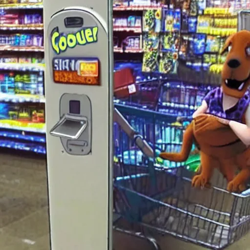 Image similar to drunken scooby at walmart checkout, realistic, cctv