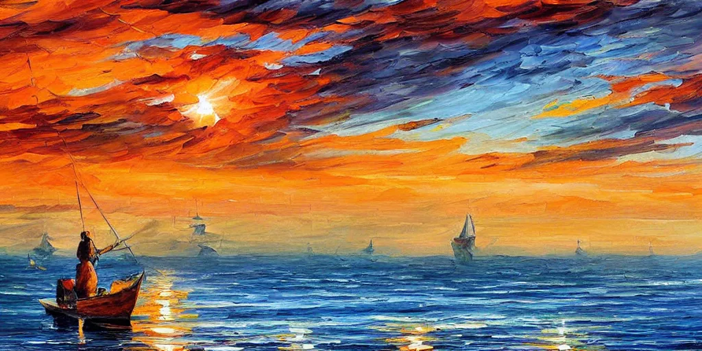 Image similar to rising sun ( ( ( fishing cormorant, fishing boat ) ) ) on the naples bay, by leonid afremov and moebius