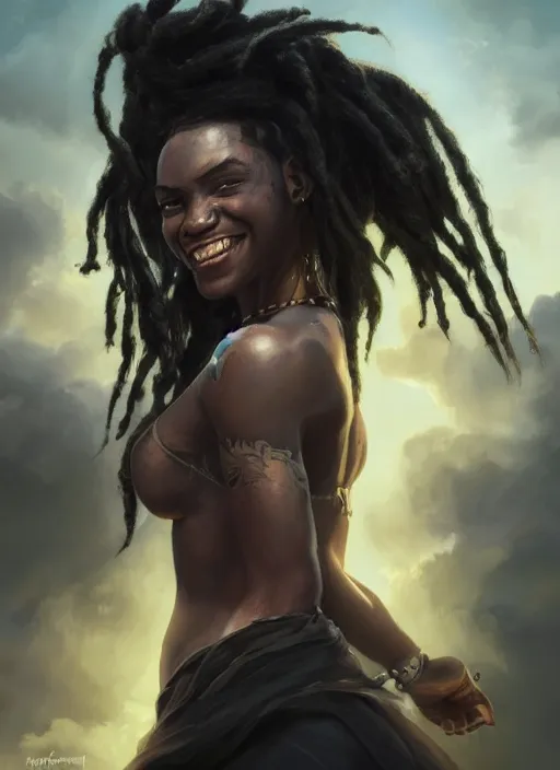 Image similar to girl with black dreadlocks, beautiful highly detailed face, complementary lighting, backlit, black eyeshadow, grinning, adventure, dramatic lighting, landscape background, beautiful painting by artgerm and greg rutkowski and raymond swanland