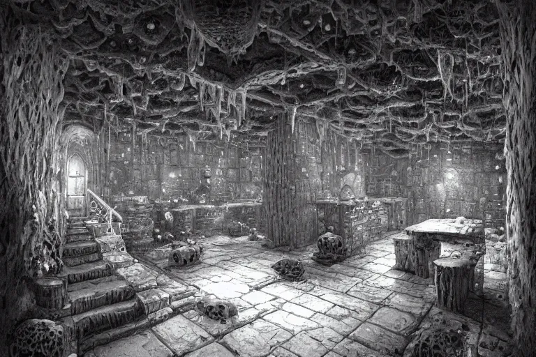 Image similar to black and white point perspective dungeon cozy fantasy dungeon You step into the biological room. The walls and floor are made out of salt that kinda smells like condensation trails. A flexible force of dwarfs guards the room. ,by artgerm and Craig Mullins, James Jean, Andrey Ryabovichev, Mark Simonetti and Peter Morbacher 16k