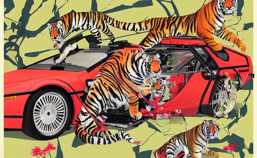 Prompt: a red delorean and yellow tiger, art by hsiao - ron cheng & utagawa kunisada in magazine collage style,