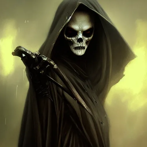 Image similar to grim reaper, character portrait, sharp, digital matte painting, art by luis royo, greg rutkowski, wlop, dramatic lighting, trending on artstation