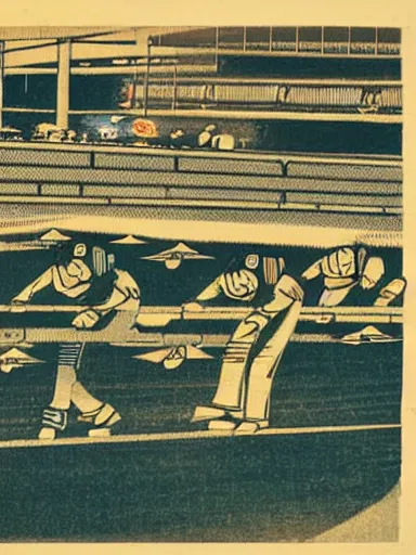 Image similar to japanese woodblock print of a formula 1 race