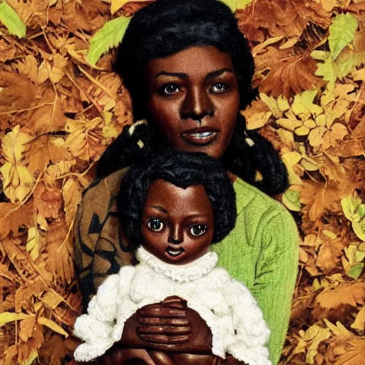 Image similar to a dark skinned woman holds a living doll made out of leaves and wool, art by norman rockwell