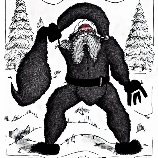 Image similar to santa as a cryptid bipedal with hairy claws