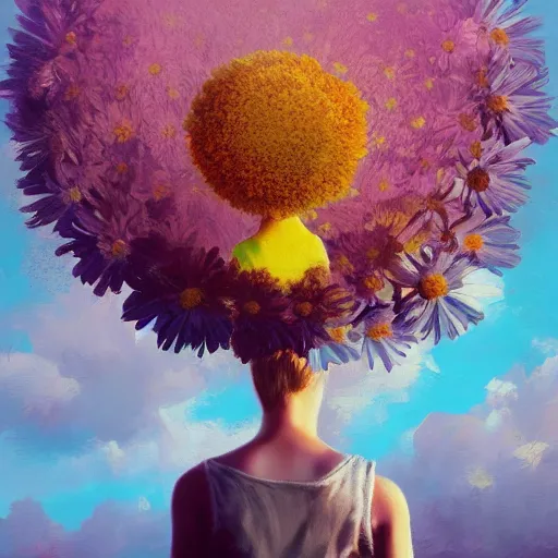 Prompt: head made of giant daisies, girl standing in a vast flower field, holding flowers, surreal photography, sunrise dramatic light, impressionist painting, colorful clouds, large sky, digital painting, artstation, simon stalenhag, flower face