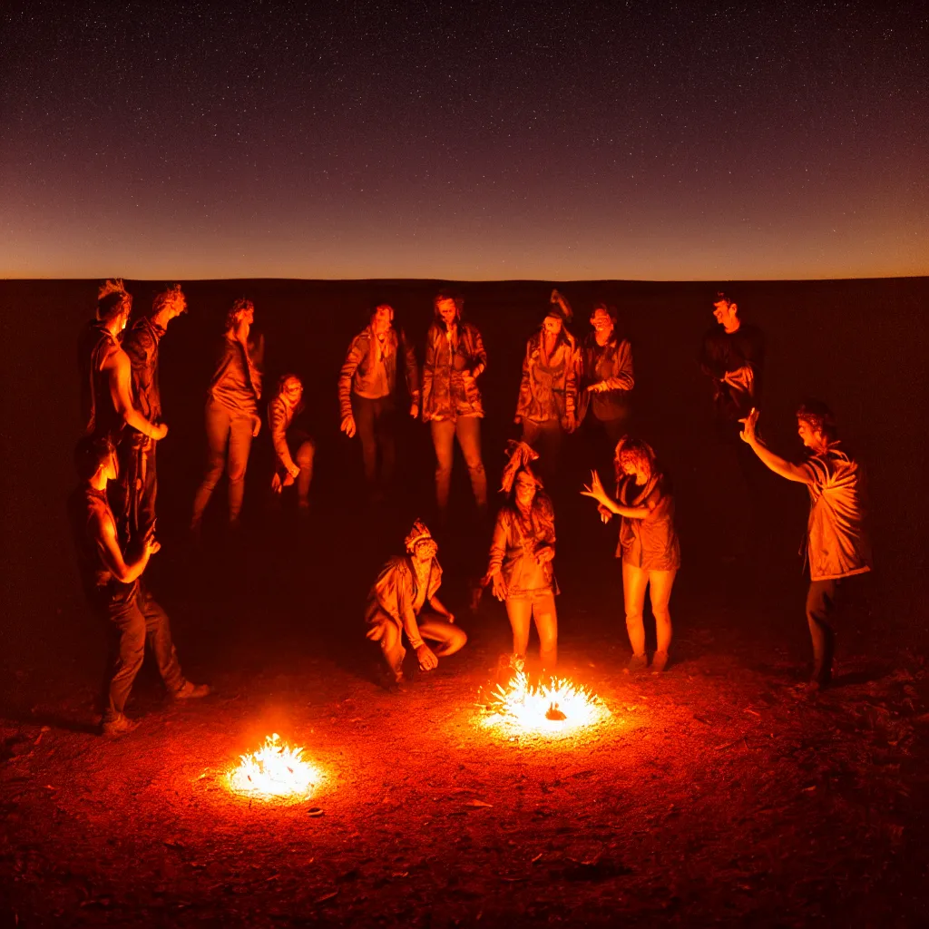 Image similar to atmospheric long exposure night photograph of three ravers, two men, one woman, woman is in a trenchcoat, blessing the soil at night, people facing fire circle, two aboriginal elders, dancefloor kismet, diverse costumes, clean composition, starlight bokeh, desert transition area, bonfire, atmospheric night, australian desert, symmetry, sony a 7 r