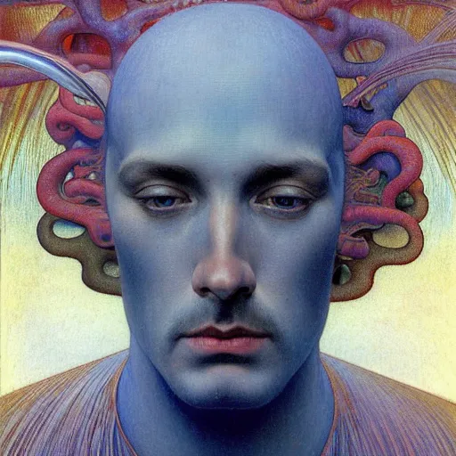 Image similar to realistic extremely detailed portrait painting of an average man ,futuristic , by Jean Delville, Amano, Yves Tanguy, Alphonse Mucha, Ernst Haeckel, Edward Robert Hughes, Roger Dean, rich moody colours, blue eyes