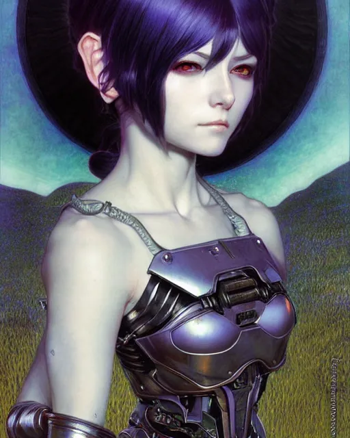 Image similar to portrait of beautiful cute young maiden goth cyborg girl with short white hairs in warhammer armor, art by ( ( ( kuvshinov ilya ) ) ) and wayne barlowe and gustav klimt and artgerm and wlop