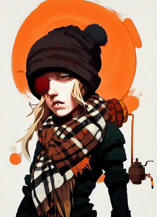 Image similar to highly detailed portrait of a sewer punk lady student, beanie, tartan scarf, wavy blonde hair by atey ghailan, by greg rutkowski, by greg tocchini, by james gilleard, by joe fenton, by kaethe butcher, gradient, orange, black, brown and cream color scheme, grunge aesthetic!!! white graffiti tag wall background