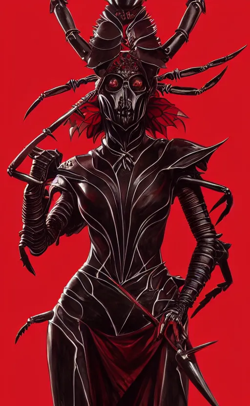 Image similar to Gothic crustacean warrior queen in red and black chitin armor, fantasy, highly detailed, digital painting, artstation, concept art, smooth, sharp focus, illustration, art by artgerm and greg rutkowski and alphonse mucha