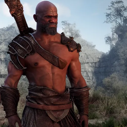 Prompt: Djimon Hounsou as kratos!!, 8k, cinematic, unreal engine